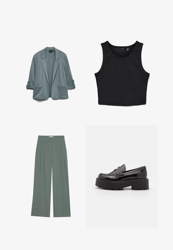 Lyse teal blazer med en glat tekstur, næbede klapper, to frontlommer og opbrettede ærmer fastgjort med knapper.; Sort cropped tank top lavet af ribbet stof. Har brede stropper og en rund halsudskæring med en tætsiddende pasform.; Grønne vidde bukser med frontfolder, knaplukning og sidelommer. Lavet af blødt, letvægtsstof med en glat overflade.; Madden Girl CALISTA - Loafers - black