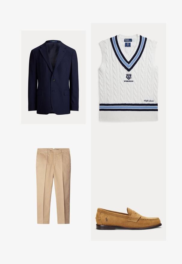 Marineblå blazer med nålestriber lavet af stof med en glat tekstur. Har notched revers, lukning med en knap og to forlommer.; Hvid kabelstrikket ærmeløs sweatervest med blå og sorte striber, Wimbledon-logo og Ralph Lauren-broderi.; Beige bomuldsbukser med en skræddersyet pasform, der har forkantspilser, sidelommer og en knaplukning. Glat tekstur, lige ben-design.; Lysebrun ruskind loafer med syede detaljer og lille broderet hestelogo på siden, med lav træhæl og slip-on design.