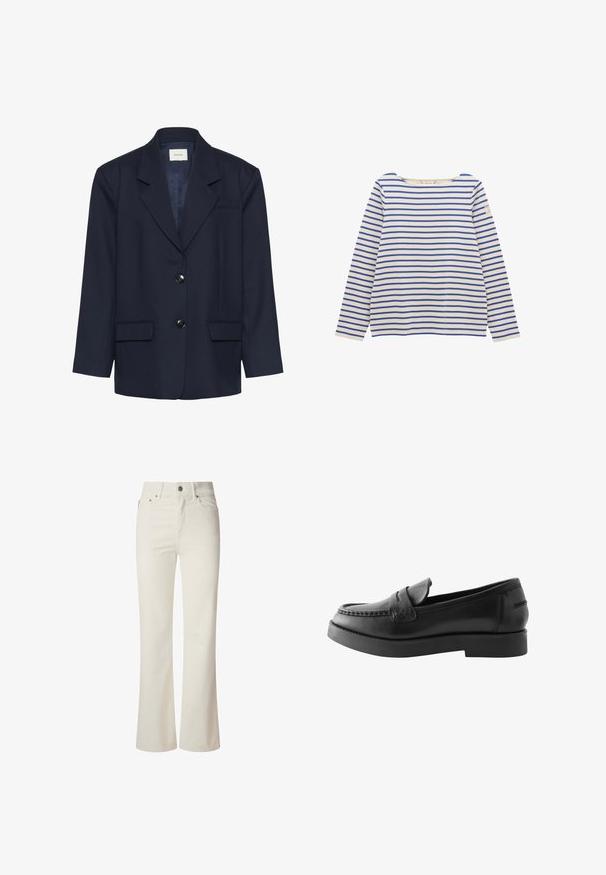Donker marineblauw colbert met twee zwarte knopen, een notched reverskraag, klepzakken en een borstpaspelzak, afgebeeld tegen een effen achtergrond.; Witte shirt met lange mouwen met horizontale blauwe strepen en een klein rechthoekig label op de bovenste linker mouw.; Witte flared jeans van denim. Heeft een hoge taille, vijf zakken en een metalen knoopsluiting. Glad oppervlak zonder zichtbare patronen.; Zwarte leren loafers met een platte zool, ronde neus en decoratieve stiksels op de bovenkant. Geen zichtbare hardware of patronen.