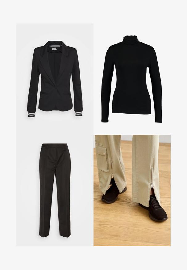 Blazer negro con un corte entallado, cierre de un solo botón, dos bolsillos frontales y puños a rayas. Tela suave con diseño de solapa.; Top negro de manga larga con cuello alto hecho de tela suave, con un diseño ajustado y un cuello alto, adecuado para usar en capas o como prenda independiente.; Pantalones negros a medida hechos de una tela suave, con un diseño de pierna recta, pliegue frontal y cinturilla estándar con presillas para cinturón.; Pantalones beige de pierna ancha con cremalleras en los tobillos, combinados con zapatillas deportivas negras con parte superior texturizada y suela acolchada.