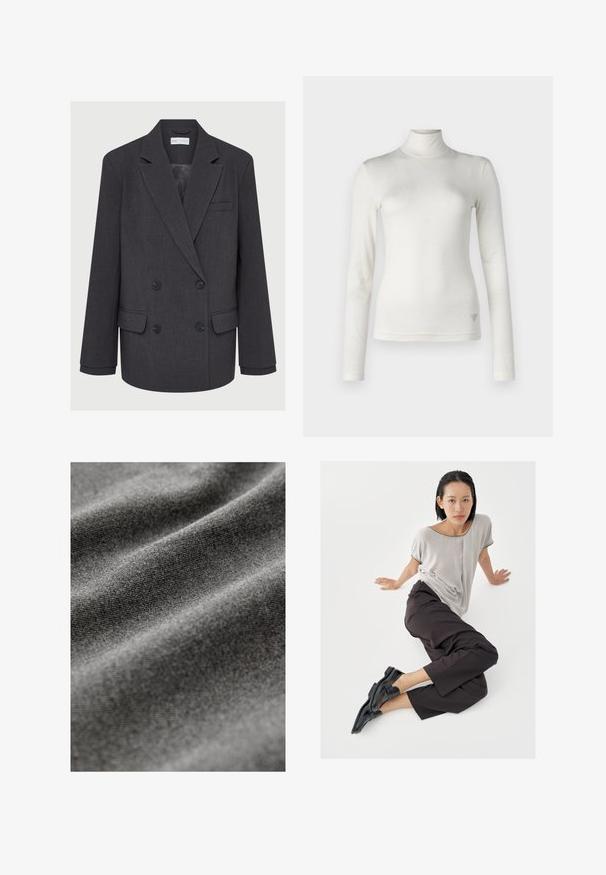 Blazer gris de doble botonadura con solapas con muescas, dos bolsillos frontales y tejido texturizado. Presenta botones negros y un forro interior suave.; Top de manga larga blanco tipo cuello alto, fabricado en una tela suave con una textura lisa. Presenta un acento sutil del logo en el lado inferior.; Tela gris con una superficie suave y texturizada, que muestra patrones sutiles formados por suaves pliegues y arrugas.; Top de manga corta gris claro, pantalones anchos oscuros y mocasines negros. Tela suave, ajuste relajado y ribete en contraste en la camisa.