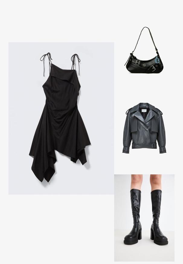 Schwarze, kurze Bikerjacke aus Leder mit breiten Revers, Schulterriegeln, Gürtel vorne und Riemen an den Manschetten der langen Ärmel.; Schwarzes asymmetrisches Kleid mit dünnen Bindesträgern, drapiertem Oberteil und Zipfel-Saum vor hellgrauem Hintergrund.; Schwarze knöchelhohe Stiefel aus glattem Leder, ausgestattet mit einer dicken Plateausohle und einem Blockabsatz, mit genähten Details entlang der Kanten.; Schwarze synthetische Handtasche mit geschwungener Form, verstellbarem Riemen und dekorativen Metall-Schnallen. Besitzt eine glatte, glänzende Textur.