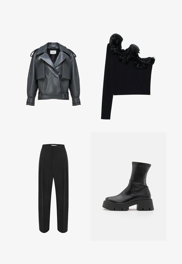 Schwarze, kurze Bikerjacke aus Leder mit breiten Revers, Schulterriegeln, Gürtel vorne und Riemen an den Manschetten der langen Ärmel.; Schwarzes Top mit einem Schulterträger, das mit einem rüschenartigen, transparenten Überzug entlang des Ausschnitts versehen ist, aus leichtem Material mit glatter Textur gefertigt.; Schwarze weit geschnittene Hose mit hoher Taille, aus einem glatten Material und mit zwei vorderen Falten. Entworfen in einem klaren, maßgeschneiderten Schnitt.; RAID NOELIA - Plateaustiefelette - black
