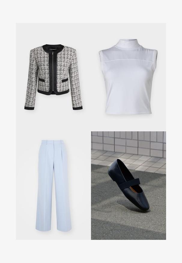 Chaqueta de tweed en blanco y negro con mangas largas, ribete negro a lo largo del cuello, cremallera frontal, bolsillos y puños, mostrada sobre fondo liso.; Top blanco sin mangas con cuello alto, textura suave y un diseño corto. Presenta una costura horizontal en el pecho.; Pantalones de pierna ancha en azul claro con una cintura alta, que presentan pliegues en la parte delantera, confeccionados en una tela suave y tejida. Sin herrajes visibles.; Zapato plano de cuero negro con punta redonda, que presenta una suave correa elástica negra sobre la parte superior. Textura suave y diseño minimalista.