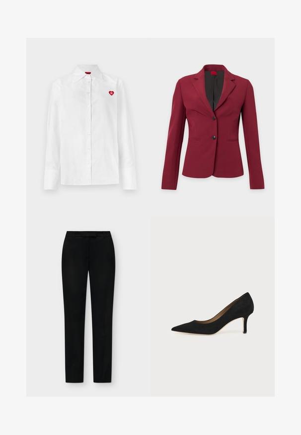 Blazer bordeaux pour femme sur mesure avec revers crantés, deux boutons noirs et poches avant passepoilées sur fond neutre.; Chemise blanche à boutons avec manches longues, col classique et logo en forme de cœur rouge sur la poitrine gauche. Texture lisse et coupe ajustée.; Pantalon noir slim-fit formel avec poches avant et passants de ceinture, affiché à plat sur un fond gris clair.; Escarpin en daim noir à bout pointu avec un talon stiletto fin de hauteur moyenne et un design à coupe basse sur un fond uni.