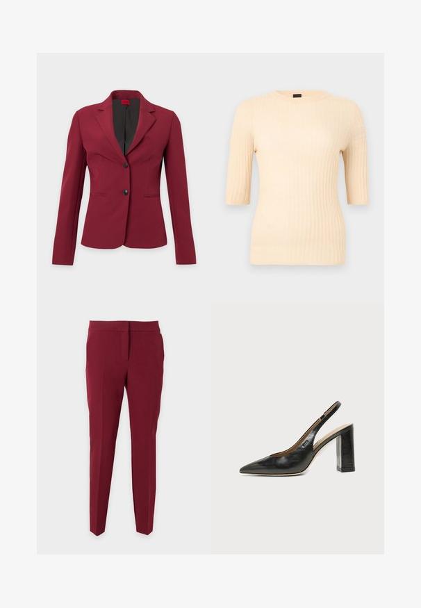 Blazer bordeaux pour femme sur mesure avec revers crantés, deux boutons noirs et poches avant passepoilées sur fond neutre.; Haut côtelé à manches courtes de couleur beige clair. Confectionné dans un matériau doux avec une coupe ajustée. Encolure ronde simple et texture lisse.; Pantalon slim fit rouge foncé à devant plat et jambes droites, présenté sur un fond blanc uni.; Chaussure slingback en cuir noir à bout pointu avec un talon bloc haut et une doublure intérieure beige sur un fond clair uni.