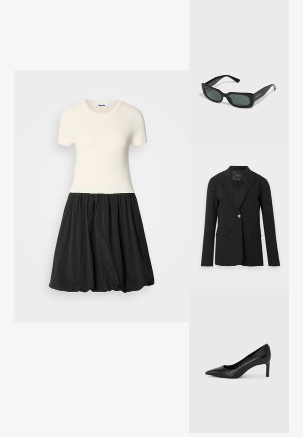 Schwarzer Blazer mit einem Knopf, mit Reverskragen, zwei vorderen Klappentaschen und langen Ärmeln, vor weißem Hintergrund dargestellt.; Elfenbeinfarbener, gerippter Oberteil mit kurzen Ärmeln und einem schwarzen Ballonrock. Das Kleid hat ein tailliertes Oberteil und einen voluminösen, strukturierten Unterteil.; Schwarzer, spitz zulaufender High-Heel-Pumps aus Leder mit einem schlanken, mittelhohen Absatz auf einem schlichten hellgrauen Hintergrund.; Schwarze Sonnenbrille mit rechteckigem Rahmen, grünen Gläsern und glänzender Oberfläche. Mit goldener Markenprägung an der Fassung. Texturierte Details fehlen.