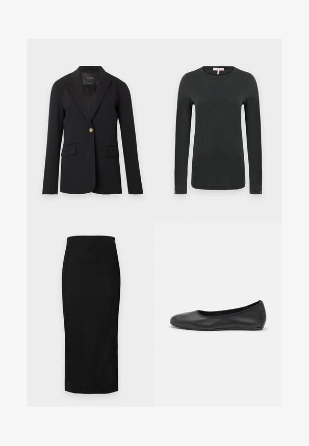 Veste noire à un bouton avec revers crantés, deux poches à rabat à l'avant et manches longues, présentée sur un fond blanc.; rag & bone THE SLUB - T-shirt à manches longues - black; Jupe crayon noire en tissu lisse, présentant une silhouette ajustée, une longueur au genou, et un petit logo de marque près de la ceinture.; Ballerines en cuir noir avec un bout rond, texture lisse, détails de couture minimalistes et design de semelle flexible.