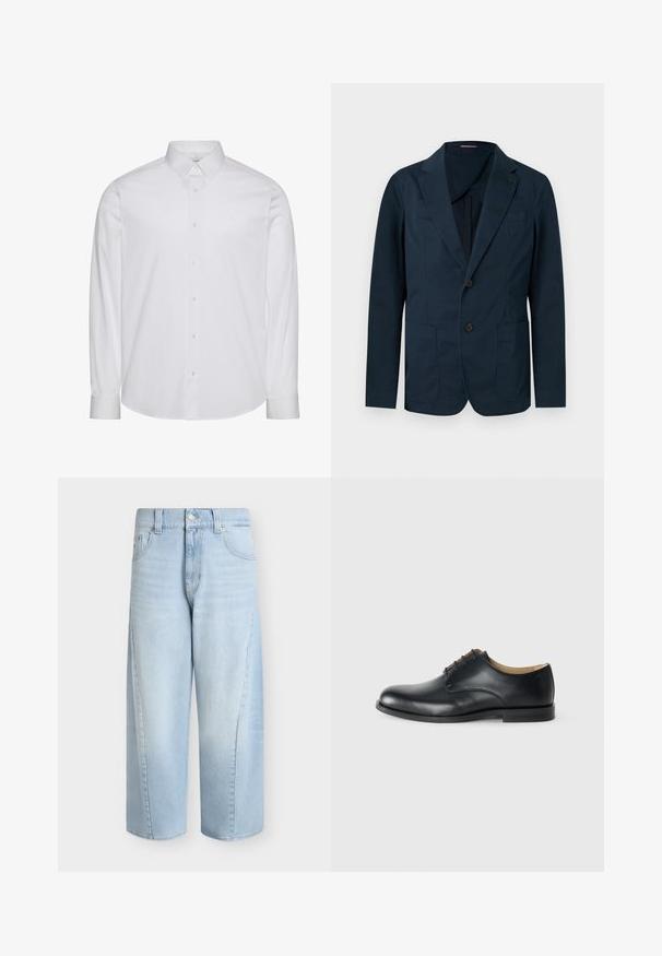 Blazer azul marino para hombre con solapas con muesca, dos botones, dos bolsillos frontales de parche y un bolsillo en el pecho, presentado sobre un fondo liso.; Camisa blanca de manga larga con botones, hecha de algodón. Presenta un cuello estándar, tapeta frontal con botones y dobladillo redondeado. Logo de la marca discreto.; Vaqueros de mezclilla azul claro de pierna ancha con bolsillos delanteros, trabillas para cinturón, cierre de botones y longitud recortada.; Calvin Klein ESS DERBY - Zapatos de vestir - triple black