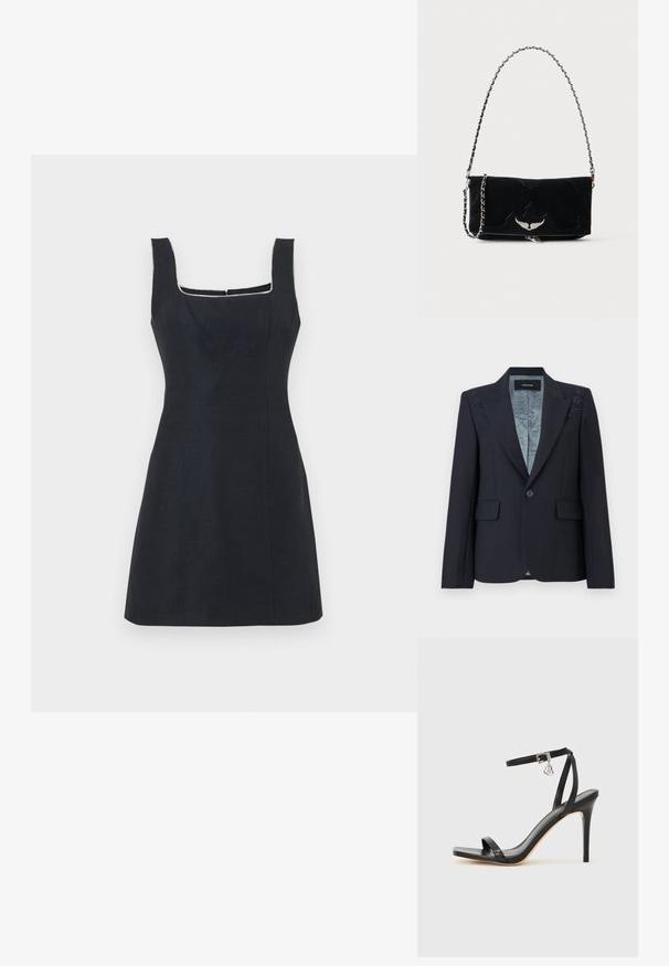 Blazer noir sur mesure avec un seul bouton, poches à rabat, revers crantés, discrètes étoffes étoilées sur les épaules, et doublure intérieure à motifs.; Robe noire cintrée sans manches avec un décolleté carré et des détails subtils de coutures, présentée sur un fond blanc uni.; Sandale à talon haut noire avec une bride étroite à la cheville, bout carré, cuir lisse et accent de boucle métallique.; Sac à main rectangulaire noir avec un emblème ailé argenté sur le devant et une bandoulière chaîne argentée sur fond uni.