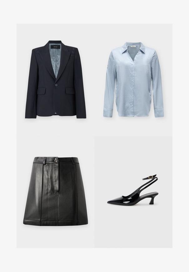 Sort skræddersyet blazer med enkelt knap, klaplommer, hakkede revers, diskrete stjerneudsmykninger på skuldrene og mønstret foer indvendigt.; Lyseblå langærmet satinbluse med subtilt leopardprintmønster, knaplukning foran og klassisk krave på en neutral baggrund.; Sorte læderskirt med en struktureret form, der har en frontlomme og en metalaccent i taljen. Glat tekstur og broderede detaljer.; Sorte patenterede læderslingbacks med spidse tæer, lav blokhælt og justerbar ankelrem med guldspænde.