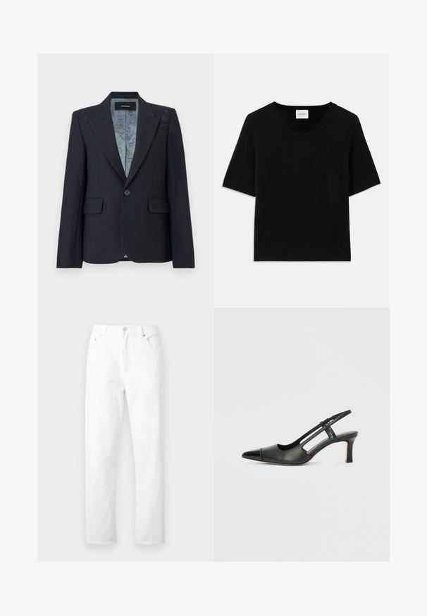 Blazer noir sur mesure avec un seul bouton, poches à rabat, revers crantés, discrètes étoffes étoilées sur les épaules, et doublure intérieure à motifs.; Haut tricot à manches courtes noir avec un col rond. Présente une texture lisse et des accents côtes le long du col et des manches.; Jean denim blanc à jambes droites avec poches avant, passants pour ceinture et fermeture par bouton, présenté sur un fond blanc uni.; Chaussure à bride arrière en cuir noir avec bout pointu, dotée d'un accent brillant sur le bout et d'un talon de hauteur moyenne. Design latéral ouvert.