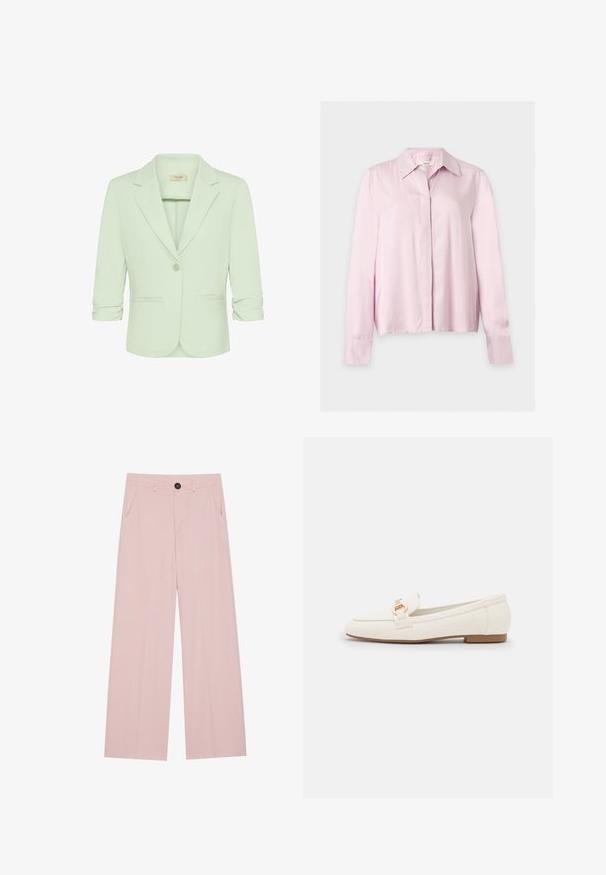 Blazer vert clair cintré avec revers crantés, fermeture à un bouton, manches trois-quarts froncées et poches passepoilées à l'avant.; Blouse rose clair à manches longues avec col, patte de boutonnage cachée et poignets ajustés, présentée sur un fond clair uni.; Pantalons large rose clair en tissu lisse, avec une fermeture à bouton à l'avant, deux poches latérales et une silhouette ajustée.; Mocassins en cuir blanc à semelle plate, avec un détail de boucle en ton doré et une finition lisse. Design classique aux lignes simples.