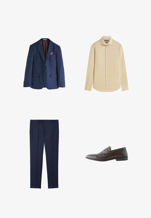 Marineblauwe blazer van een textuurstof, met notch-revers, een enkele knoopsluiting, twee voorkruisen en een gestreepte bordeauxrode voering.; Beige overhemd met lange mouwen, knopen en een puntige kraag met een afgeronde zoom, plat uitgestald op een witte achtergrond.; Marineblauwe, op maat gemaakte broek van een soepele stof. Voorzien van een knoopsluiting, zijzakken en een recht model.; Donkerbruine leren herenloafer met instapmodel, moc-toenaad en rubberen zool, getoond in profiel tegen een witte achtergrond.