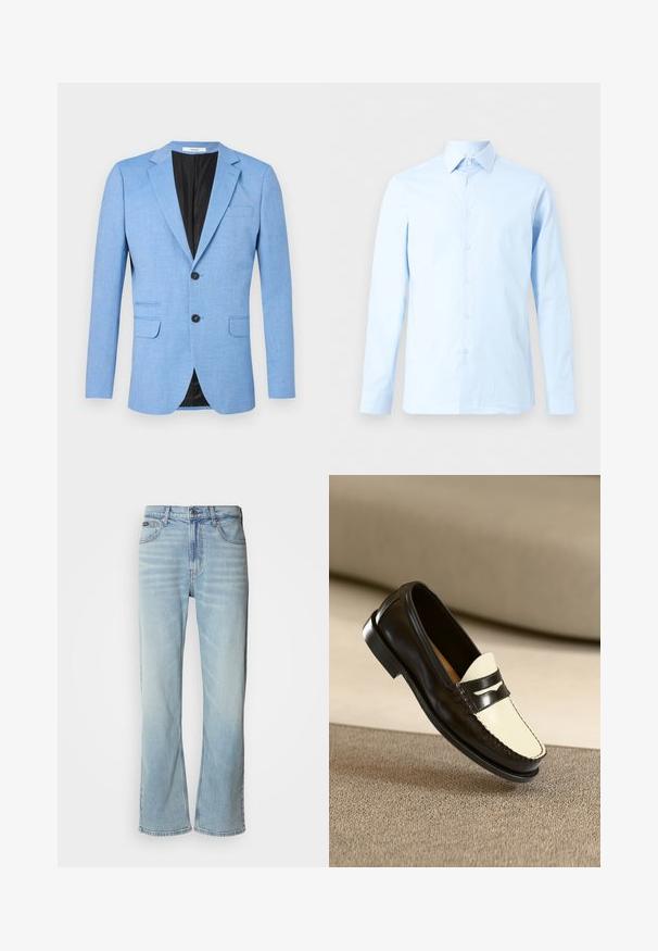 Blazer azul claro para hombre con dos botones negros, solapas con muesca y bolsillos con solapa, mostrado sobre un fondo blanco.; Camisa de vestir para hombre de manga larga en azul claro con cierre de botones en la parte delantera y cuello puntiagudo, mostrada sobre un fondo blanco liso.; Jeans de mezclilla azul claro con corte recto, que cuentan con cinco bolsillos, un cierre de botón y un ligero desvanecimiento en la tela.; Mocasines de cuero negro con un vampiro color crema y rayas de acento negras, presentando un tacón bajo y costuras detalladas a lo largo de los bordes.