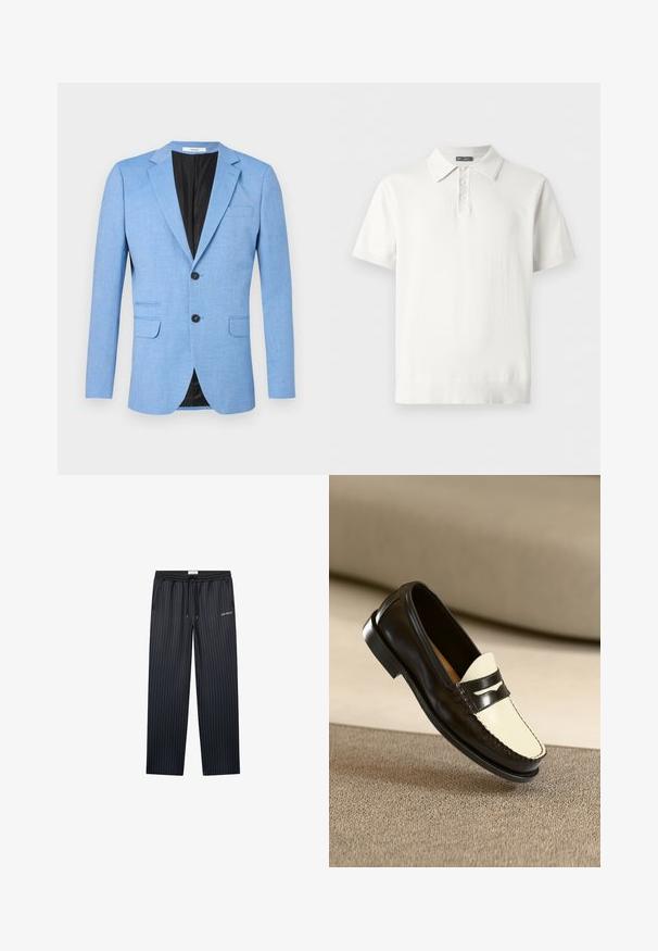 Blazer homme bleu clair avec deux boutons noirs, revers en encoche et poches à rabat, présenté sur fond blanc.; Polo blanc à manches courtes avec trois boutons et un col, présenté sur un fond plat et clair.; Pantalons de loisirs bleu marine foncé avec des rayures verticales, taille élastique, cordon de serrage, et logo "LES DEUX", présentant une coupe décontractée et large.; Mocassin en cuir noir avec un empeigne crème et des rayures noires, présentant un petit talon et des coutures détaillées le long des bords.