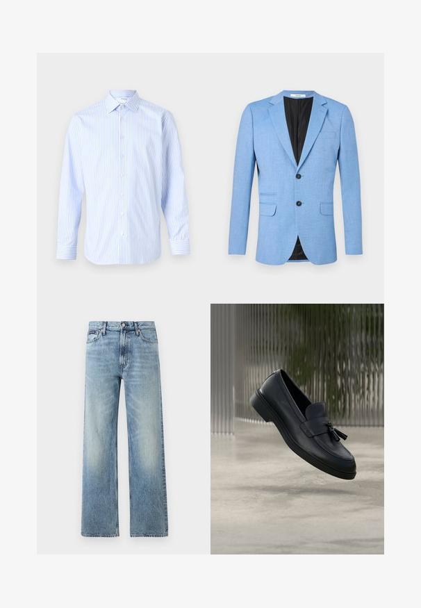 Blazer azul claro para hombre con dos botones negros, solapas con muesca y bolsillos con solapa, mostrado sobre un fondo blanco.; Camisa de manga larga a rayas azul claro y blanca con cuello clásico, cierre de botones en la parte delantera y puños, hecha de una tela suave.; Vaqueros de mezclilla azul claro de corte recto con cintura alta, cinco bolsillos, cierre de botón y sutil desgaste en los muslos y las rodillas.; Mocasines de cuero negro con textura suave, punta redondeada y borlas decorativas en el frente. Suela de goma flexible con tacón bajo.