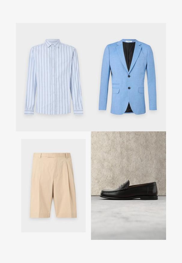 Hellblauer Herrenblazer mit zwei schwarzen Knöpfen, Kerbkragen und Pattentaschen, auf weißem Hintergrund dargestellt.; Helles blaues Langarmhemd mit weißen und marineblauen vertikalen Streifen, Button-Down-Kragen und vorderem Knopfverschluss. Knackige Stofftextur.; Beige knielange, maßgeschneiderte Shorts mit Gürtelschlaufen, vorderen Falten und einem verdeckten Reißverschluss vorne.; Schwarzer Pennyloafer aus Leder mit niedrigem Absatz, abgerundeter Spitze und genähten Details vorne und an den Seiten, gezeigt vor neutralem Hintergrund.