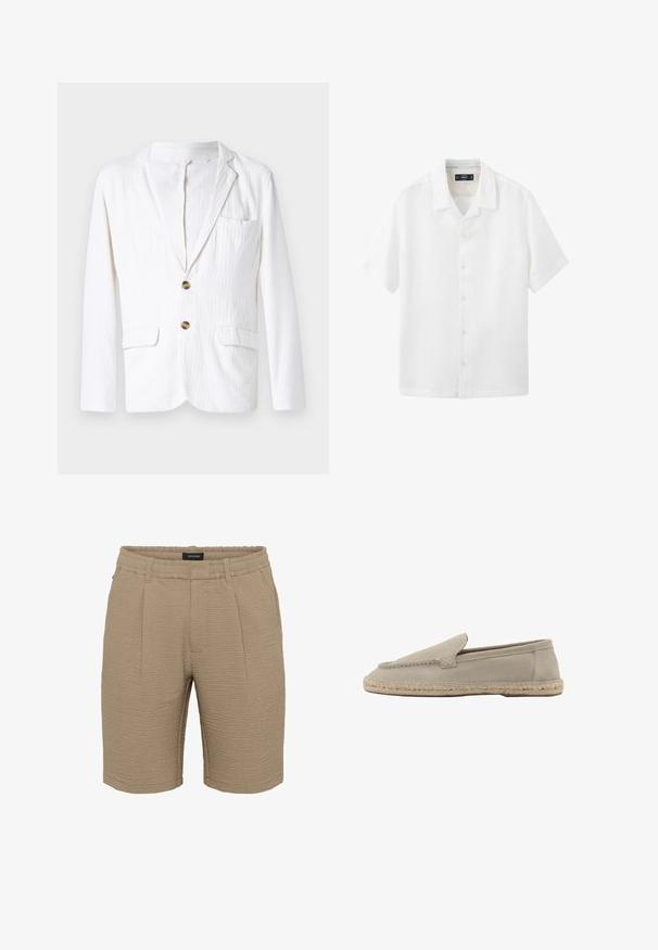 Weißes Leinenblazer mit Reverskragen, einem einzelnen Knopfverschluss, zwei vorderen Taschen und einer linken Brusttasche. Dezenter strukturierter Stoff.; Weißes kurzärmeliges Hemd mit Kragen, vorderen Knöpfen und lässigem Schnitt, dargestellt auf weißem Hintergrund.; Beige Shorts aus strukturiertem Stoff mit einer zerknitterten Oberfläche, einem elastischen Bund und zwei vorderen Falten.; Beige Veloursleder Slipper mit gewebter Jutsohle, abgenähten Details entlang der oberen Kanten, flachem Absatz und abgerundetem Zehenbereich.