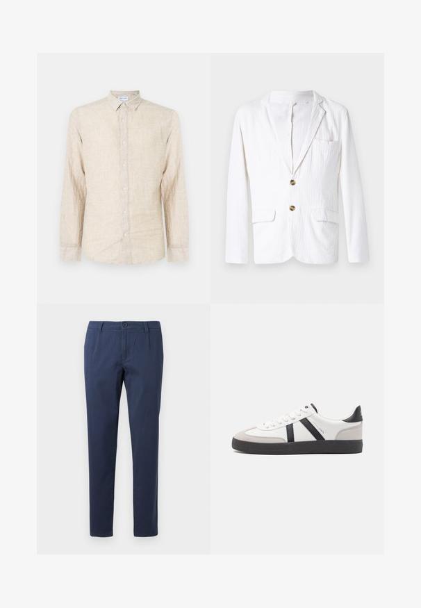 Blazer blanco de lino con solapa, cerradura de un botón, dos bolsillos frontales y un bolsillo en el pecho izquierdo. Tejido sutilmente texturizado.; Camisa de manga larga beige hecha de tela texturizada, con un cuello clásico, cierre de botones y un corte relajado.; Pantalones azul marino hechos de una tela ligera, con cierre de botón en la parte delantera, dos bolsillos laterales y un diseño de pierna recta.; Zapatilla blanca con acentos en negro y gris, que presenta una puntera texturizada en gris, suela de goma negra y cordones planos blancos. Diseño limpio, estilo minimalista.