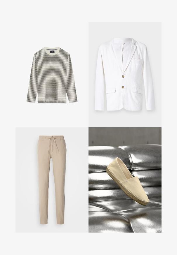 Blazer blanco de lino con solapa, cerradura de un botón, dos bolsillos frontales y un bolsillo en el pecho izquierdo. Tejido sutilmente texturizado.; Camisa de manga larga con una base crema y finas rayas marinas. Presenta un cuello redondo y una textura suave. Sin logotipos ni adornos visibles.; Pantalones de lino beige con corte recto, cinturilla elástica con cordón y dos bolsillos laterales. Textura suave y diseño minimalista.; Zapato espadrille de lona beige con suela trenzada flotando sobre una superficie plateada brillante con capitoné.