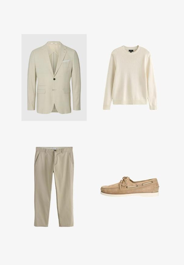 Blazer beige pour homme à simple boutonnage avec revers crantés, deux boutons, poches à rabat, et un mouchoir blanc dans la poche, sur un fond uni.; Pull en maille couleur crème à manches longues avec col rond, poignets et ourlet côtelés, étiquette taille moyenne de la marque Next.; Pantalon beige à jambes droites avec poches latérales, passants pour ceinture et fermeture à bouton à la taille.; Chaussure bateau en suède beige avec un bout rond, une semelle extérieure en caoutchouc blanche, un design à lacets et des œillets contrastants sur les côtés.
