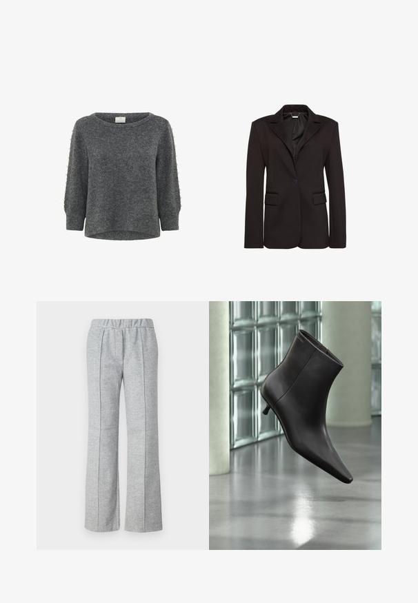 Zwarte op maat gemaakte blazer van gladde stof, met een reverskraag, een sluiting met één knoop en twee voorzakken. Eenvoudig ontwerp.; Kaffe KABETTY - Trui - grey melange; Grijze, wijde broek van textuurstof; beschikt over een elastische tailleband en geplooide voordetails. Schoon, minimalistisch ontwerp.; Zwarte leren enkellaars met puntige neus en lage hak, afgebeeld tegen een glazen blokkenmuur en gepolijste vloer op de achtergrond.