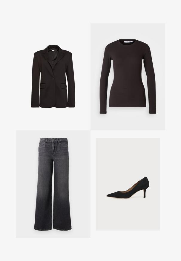 Sort skræddersyet blazer lavet af glat stof, med en hakket krave, enkelt knaplukning og to forlommer. Enkel design.; Langærmet sort top lavet af blødt, strækbart stof. Har en rund halsudskæring og tætsiddende pasform med en glat tekstur og uden synlige mønstre.; Bredde ben mørkegrå denimjeans med en subtil falmning, der har knaplukning, fem lommer og en lige kant ved anklen.; Sort ruskindspumpe med spids snude, mellemhøj stiletthæl og tan indersål på en lys baggrund.