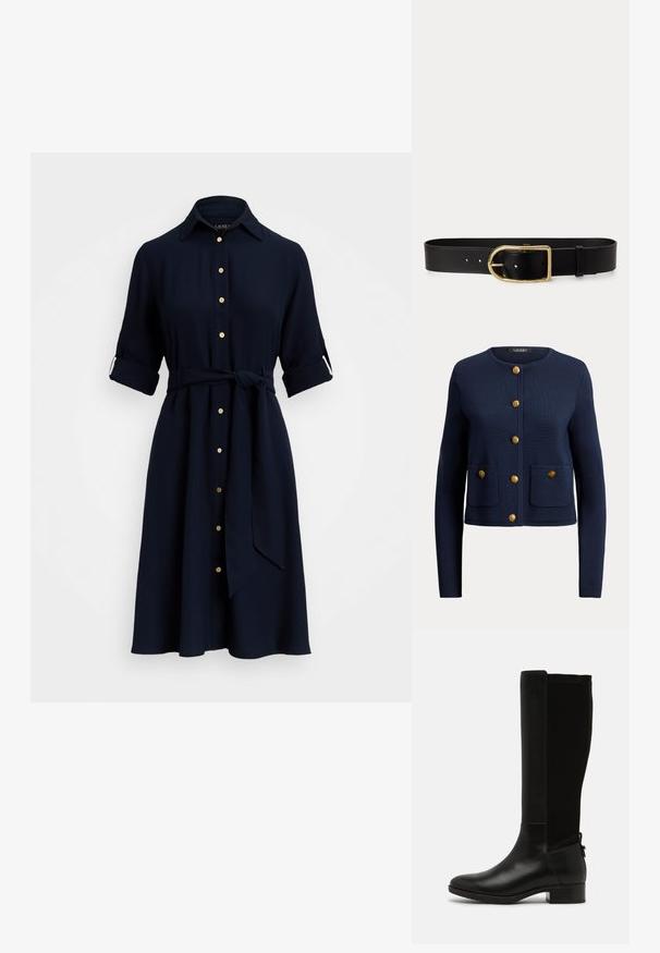 Marineblauwe cardigan met lange mouwen en een ronde hals, zes gouden knopen aan de voorkant en twee voorzakken, elk met een gouden knoop.; Navy blauwe jurk met een kraaglijn, knopen aan de voorkant en opgerolde mouwen. Inclusief een bijpassende riem en afgewerkt met knopen in goudkleur.; Zwarte kniehoge laarzen van een combinatie van glad leer en suède, met een blokhak en een zijhandvat voor gemakkelijke aan- en uittrekken.; Zwarte leren riem met een grote gouden rechthoekige gesp en meerdere verstelgaten, plat gelegd op een witte achtergrond.