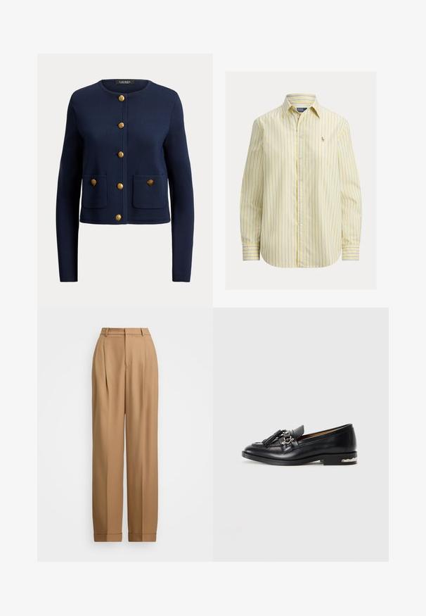 Marineblauer Langarm-Cardigan mit rundem Ausschnitt, sechs goldene Knöpfe vorne und zwei Vordertaschen, jeweils mit einem goldenen Knopf.; Gelb gestreiftes Hemd mit Knopfleiste, das blaue Streifen, lange Ärmel, einen Kragen und ein kleines, auf der linken Brustseite gesticktes Logo aufweist.; Beige maßgeschneiderte Hose mit hoher Taille, gefalteter Vorderseite, schmal zulaufenden Beinen und aufgerollten Säumen. Glattes Material mit einer feinen Textur.; Schwarze Lederloafer mit Quasten und Metalldetail in Form einer Schnalle an der Vorderseite, niedriger Absatz mit silbernem Akzent, auf einem schlichten weißen Hintergrund.