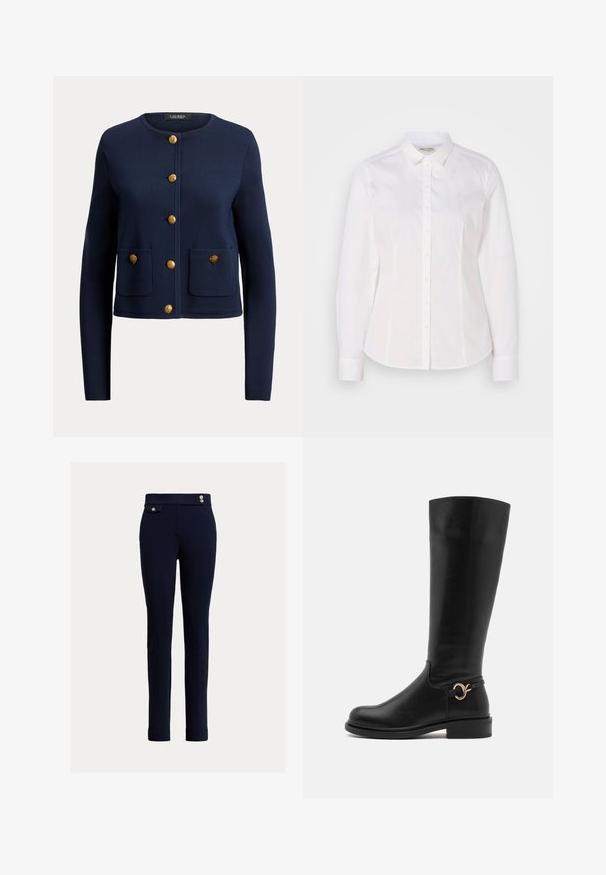 Marineblauer Langarm-Cardigan mit rundem Ausschnitt, sechs goldene Knöpfe vorne und zwei Vordertaschen, jeweils mit einem goldenen Knopf.; Weißes Button-up-Hemd aus glattem Baumwollstoff mit klassischem Kragen, langen Ärmeln und einem dezenten Logo auf der Brust. Verfügt über eine durchgängige Knopfleiste auf der Vorderseite.; Marineblaue Slim-Fit-Hosen mit hoher Taille, featuring dekorativen Knöpfen und einer kleinen Klappen-Tasche auf der rechten Seite.; Anna Field Wide Fit by Zalando Stiefel - black
