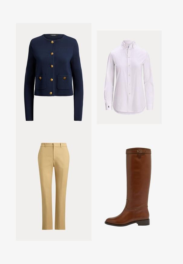 Cardigan bleu marine à manches longues avec col rond, six boutons dorés sur le devant et deux poches avant, chacune avec un bouton doré.; Chemise blanche à manches longues avec col boutonné et petit logo brodé sur le poignet gauche.; Pantalon beige droit avec passants de ceinture, fermeture éclair à l'avant et plis sur mesure sur un fond clair uni.; Bottines marron en cuir, arrivant juste au genou, avec un bout arrondi, un petit talon, et une sangle décorative avec une boucle en haut. Texture lisse et design épuré.