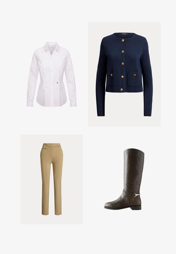 Marineblå cardigan med lange ærmer og rund halsudskæring, seks gyldne knapper foran og to forlommer, hver med en gylden knap.; Hvid langærmet skjorte med knapper, klassisk krave, frontplade, sidesømme og en sort broderet rosedetalje nær kanten.; Beige slim-fit kvindebukser med høj talje, to knapper i siden og en lille lomme med knap nær taljebåndet.; Høj mørkebrun læder ridesko med lav hæl og dekorativ rem med guldbælte om anklen, vist fra siden.