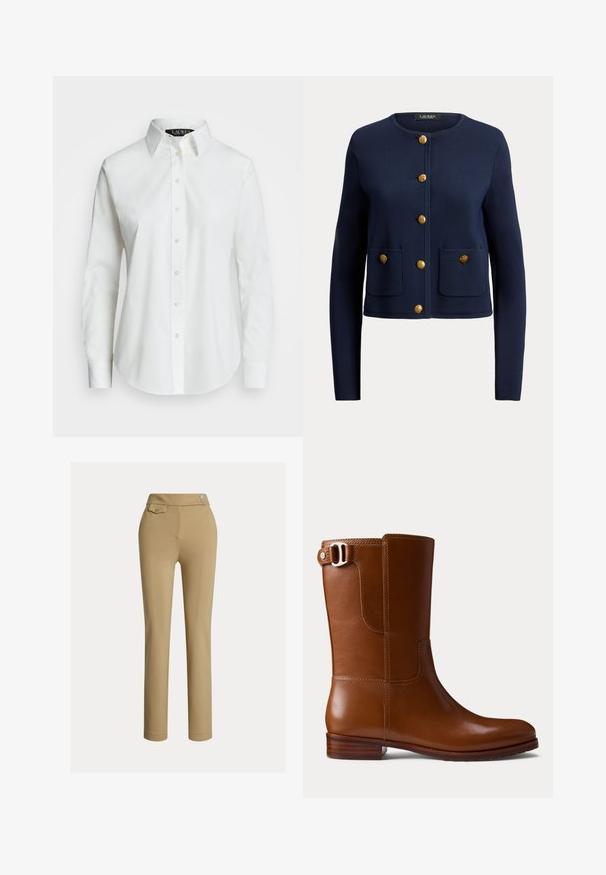 Marineblauwe cardigan met lange mouwen en een ronde hals, zes gouden knopen aan de voorkant en twee voorzakken, elk met een gouden knoop.; Witte lange mouwen button-up blouse van katoen. Bevat een klassieke kraag, zeven knopen en een subtiele logo geborduurd op de borst.; Beige op maat gemaakte broek met een zachte textuur, hoge taille, twee decoratieve knopen en een enkele achterzak. Recht gesneden ontwerp.; Bruine leren enkellaars met een gladde afwerking, afgeronde neus en decoratieve zijgesp. Voorzien van een lage houten hak en minimale stikdetails.