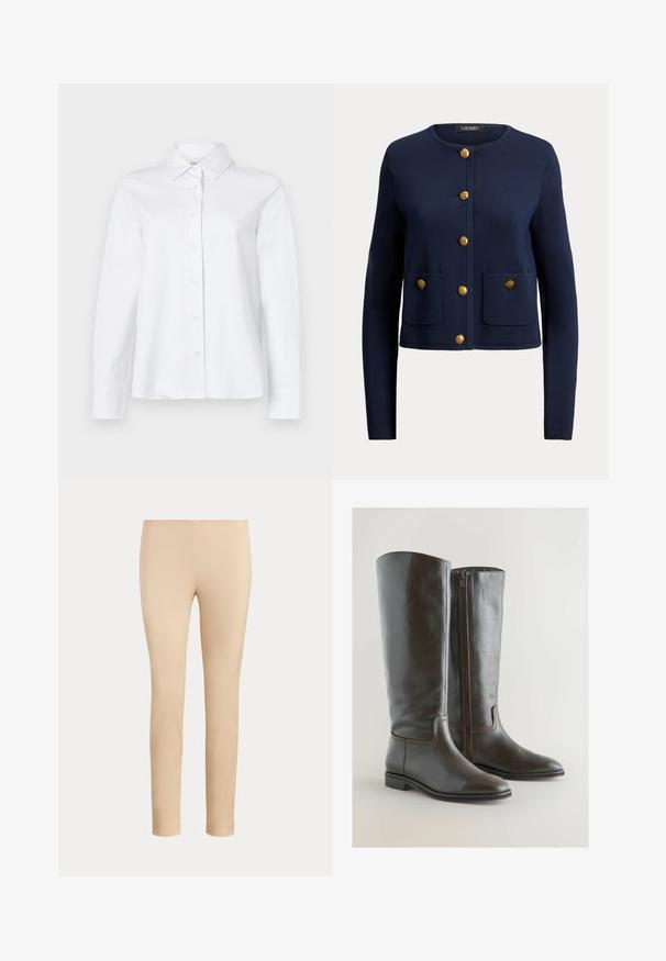 Marineblå cardigan med lange ærmer og rund halsudskæring, seks gyldne knapper foran og to forlommer, hver med en gylden knap.; CLOSED CLASSIC SHIRT WITH STRAP DETAIL - Skjortebluser - white; Beige slim-fit ankellange bukser med en glat finish og uden synlige lommer eller pynt på en ensfarvet baggrund.; Brune læder knæhøje støvler med et strømlinet design, spidse tæer og en lynlås på siden. Flad hæl og diskrete syninger fremhæver stilen.
