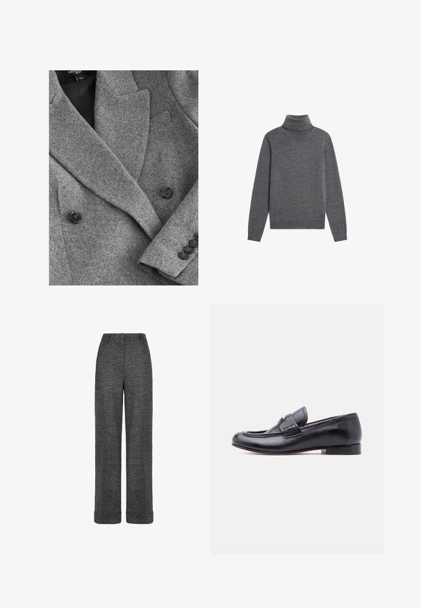 Grau Wolle Blazer mit einem doppelt geknöpften Design, Reverskragen, schwarzen Knöpfen und strukturiertem Stoff. Hat eine taillierte Passform und klare Linien.; Dunkelgrauer Langarm-Rollkragenpullover mit gerippten Bündchen und Saum, flach auf weißem Hintergrund liegend dargestellt.; Graue Wollhose mit Fischgratmuster, geraden Beinen, aufgeschlagenen Säumen und einem Bund mit Gürtelschlaufen.; Schwarzer Herrenslipper aus Leder mit niedrigem Absatz und dekorativem Riemen über dem Spann, seitlich auf einem schlichten Hintergrund dargestellt.
