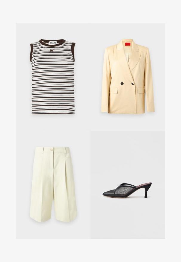 Blazer beige croisé à larges revers, deux boutons noirs, poches à rabat et étiquette intérieure rouge sur fond clair.; Haut blanc sans manches avec fines rayures horizontales marron foncé, bordure marron foncé au col et aux emmanchures, et logo "6F" au centre de la poitrine.; Shorts crème jusqu'aux genoux avec passants pour ceinture, plis à l'avant, poches latérales et fermeture par bouton à la taille.; Mule en mesh noir avec un bout pointu, de fines lanières et un talon stiletto de 3 pouces. Présente une texture transparente et une semelle tonale solide.