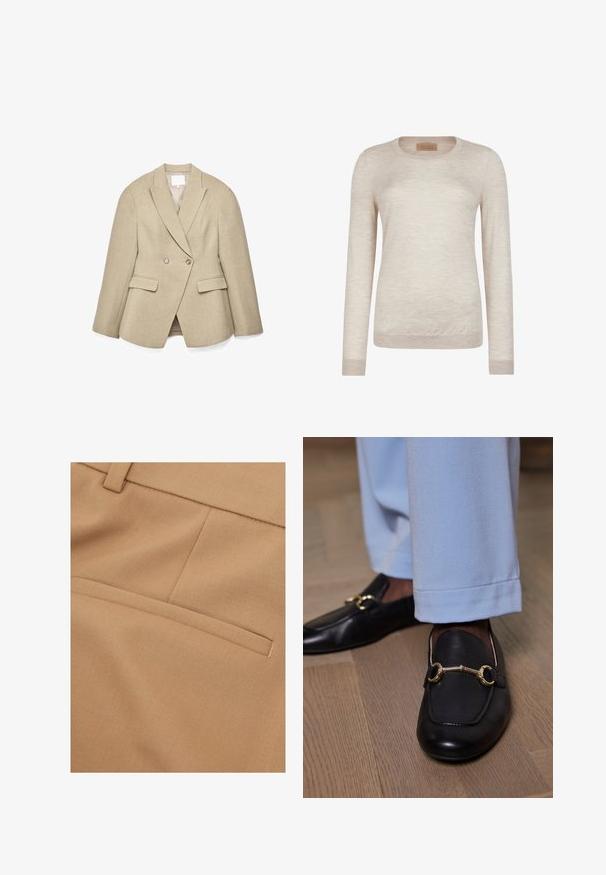 Beige dubbelgeknoopte blazer met een getailleerde pasvorm, puntige revers, twee voorkantzakken en subtiele, gestructureerde stof. De voering aan de binnenkant is licht van kleur.; Trui met lange mouwen en ronde hals in lichtbeige, gemaakt van fijngebreide stof met geribde boorden en zoom.; Close-up van beige stof met een gestructureerd oppervlak, een enkele achterzak en nette stiksel details.; Zwarte leren loafers met gouden metalen detail, gedragen met lichtblauwe broek op een houten vloer.
