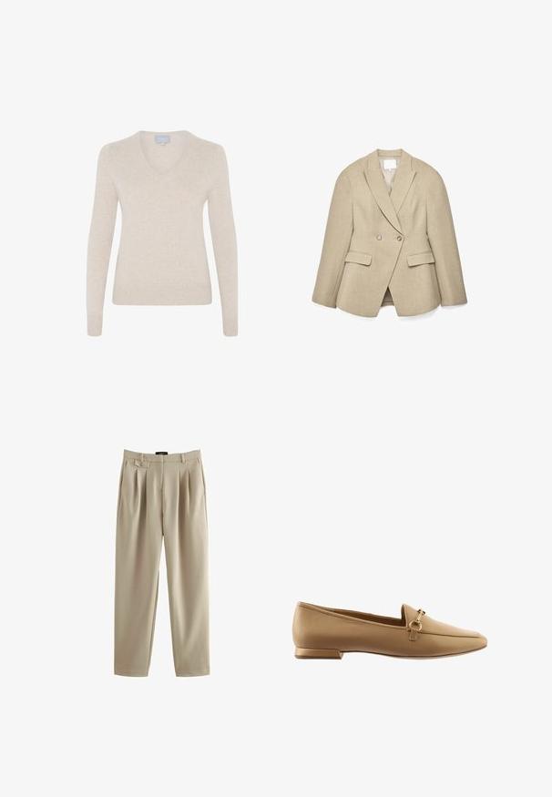 Beiger, zweireihiger Blazer mit tailliertem Schnitt, Spitzenrevers, zwei Vordertaschen und dezent strukturierter Stoffstruktur. Das Innenfutter ist hellfarben.; Beiger V-Ausschnitt-Pullover aus weichem Material, mit langen Ärmeln, taillierter Silhouette und geripptem Saum. Keine Muster oder sichtbare Hardware.; Beige, plissierte Hose mit einem entspannten Schnitt, ausgestattet mit einem Knopfverschluss und Gürtelschlaufen, hergestellt aus einem glatten Stoff mit weicher Textur.; Beige Lederloafers mit flachem Absatz, dekorativem Metallring und Riemenakzent, glatter Oberfläche und abgerundeter Schuhspitze.