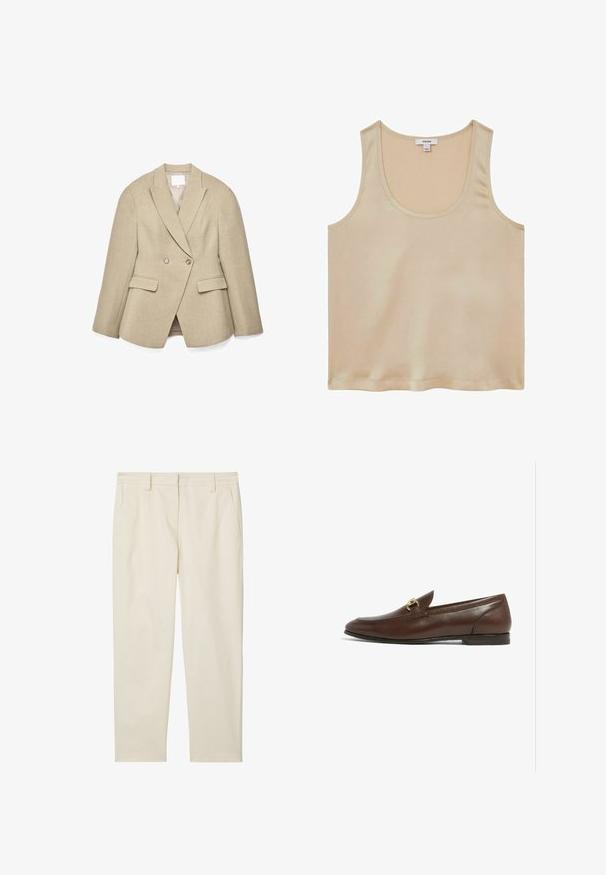 Beige dubbelgeknoopte blazer met een getailleerde pasvorm, puntige revers, twee voorkantzakken en subtiele, gestructureerde stof. De voering aan de binnenkant is licht van kleur.; Reiss REGULAR FIT - Blouse - neutral; Marc O'Polo MODERN STYLE TAPERED LEG HIGH RISE WELT POCKET - Chino - chalky sand; Bruine leren instapper met een ronde neus, voorzien van een gouden hardwareaccent op de bovenkant. Platte zool met subtiele stikdetails.