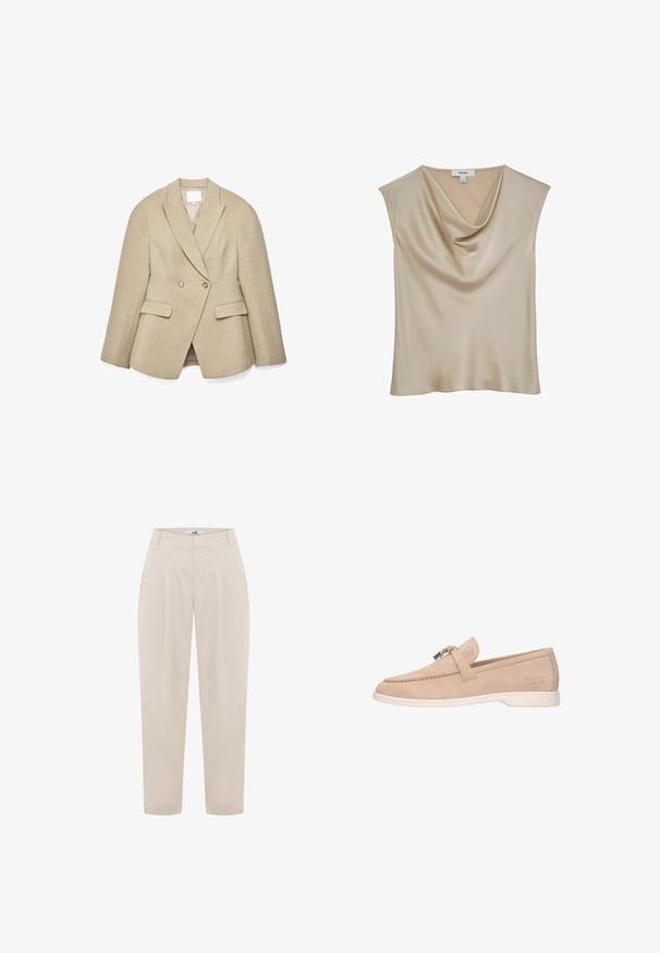 Blazer beige de doble botonadura con corte entallado, solapas de pico, dos bolsillos delanteros y tela con textura sutil. El forro interior es de color claro.; Blusa sin mangas de satén beige con cuello cisne, con etiqueta "REISS", mostrada sobre un fondo blanco.; Pantalones beige ajustados con una cintura alta, frente plisado y piernas estrechas. Fabricados con un tejido ligero y de textura suave.; Mocasín beige de ante sin cordones con suela blanca, detalle de hebilla metálica en la parte superior y "Melvin & Hamilton" grabado en el lateral.