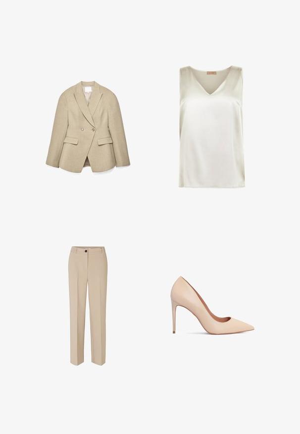Beige dobbeltradet blazer med skræddersyet pasform, spidse revers, to forlommer og subtilt struktureret stof. Inderlinningen er lys.; Ærmeløs satinbluse i elfenben med V-udskæring og smalt skulderdesign, mærket Falconeri Seta Collection.; Modström GALE - Bukser - powder sand; Beige læder højhælede pumps med spids tå og en glat tekstur. Har en slank stilettohæl og et lavt skårede design.
