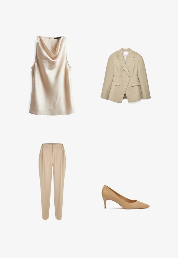 Beiger, zweireihiger Blazer mit tailliertem Schnitt, Spitzenrevers, zwei Vordertaschen und dezent strukturierter Stoffstruktur. Das Innenfutter ist hellfarben.; Ärmelloses Top mit Cowl-Neck aus hellbeigem, strukturiertem Stoff mit subtiler Glanz. Verfügt über einen Reißverschluss im Rücken und einen lockeren Schnitt.; Beige maßgeschneiderte gerade Hosen mit Gürtelschlaufen, Reißverschluss vorne und seitlichen Taschen, vor einem weißen Hintergrund präsentiert.; Beiger Leder-Pumps mit hohem Absatz, spitz zulaufender Vorderseite und schlankem 5 cm hohen Absatz; glatte Textur und minimalistisches Design ohne Verzierungen.