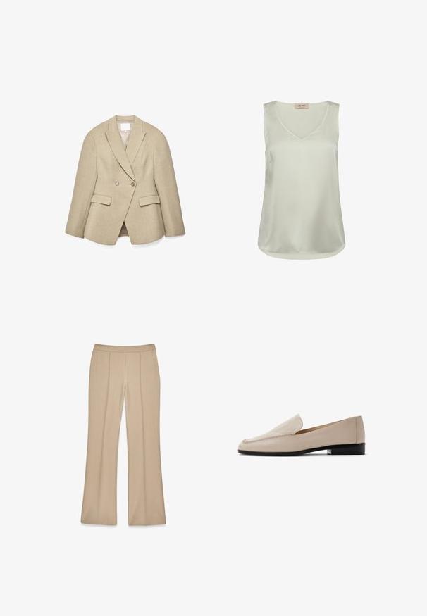 Blazer beige de doble botonadura con corte entallado, solapas de pico, dos bolsillos delanteros y tela con textura sutil. El forro interior es de color claro.; Blusa sin mangas de satén color beige claro con escote en V y dobladillo redondeado, con una pequeña etiqueta en la parte posterior del cuello interior.; Pantalones beige ajustados con diseño de pierna acampanada, hechos de una tela suave que presenta detalles de pliegues en la parte delantera, con cinturilla elástica para mayor comodidad.; Mocasines de cuero beige con textura suave, puntera redondeada y costuras mínimas. Con un tacón bajo negro y diseño sin cordones.