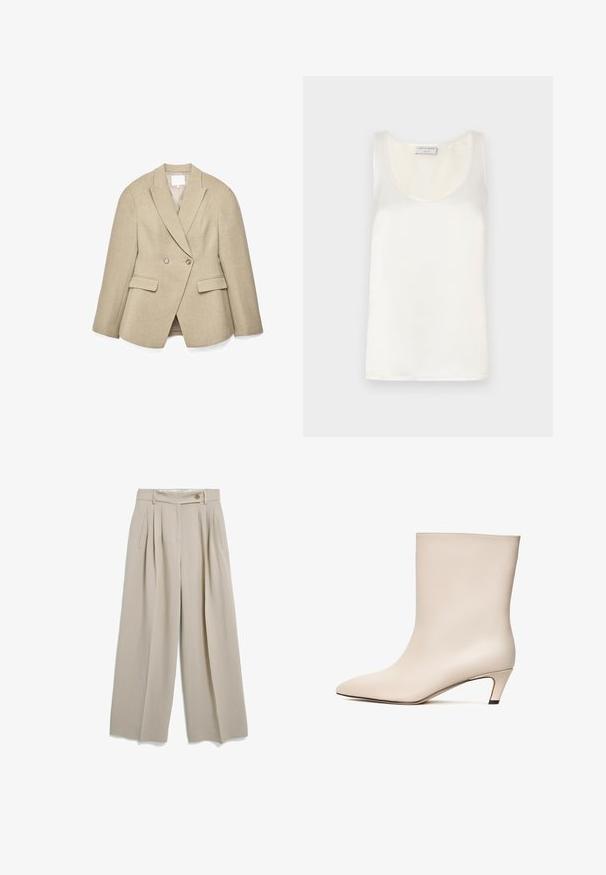 Beige dubbelgeknoopte blazer met een getailleerde pasvorm, puntige revers, twee voorkantzakken en subtiele, gestructureerde stof. De voering aan de binnenkant is licht van kleur.; Witte satijnen mouwloze tanktop met een ronde halslijn en een soepele textuur, met een subtiele glans en nette randen.; Beige wijde broek met hoge taille, met plooien, zijzakken, riemlussen en een knoopsluiting aan de tailleband.; Beige leren enkelboot met een pointed toe en een conische hak. Gladde textuur met minimale stiknaden en een slanke silhouet.