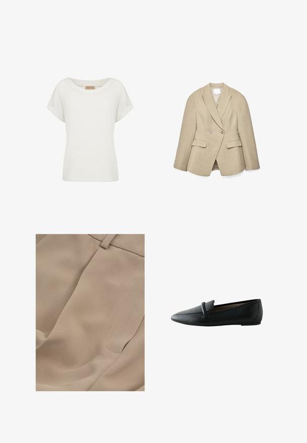 Beiger, zweireihiger Blazer mit tailliertem Schnitt, Spitzenrevers, zwei Vordertaschen und dezent strukturierter Stoffstruktur. Das Innenfutter ist hellfarben.; Weißes Damenshirt mit kurzen Ärmeln, rundem Ausschnitt und einem kleinen beigen Etikett auf der Innenseite des Kragens.; Nahaufnahme einer beigen Stoffhose mit Taillenbund, Gürtelschlaufe und einer Seitentasche mit sichtbaren Nahtdetails.; Schwarzer flacher Lederloafer mit abgerundeter Spitze und einem Riemendetail über dem Spann, seitlich dargestellt.