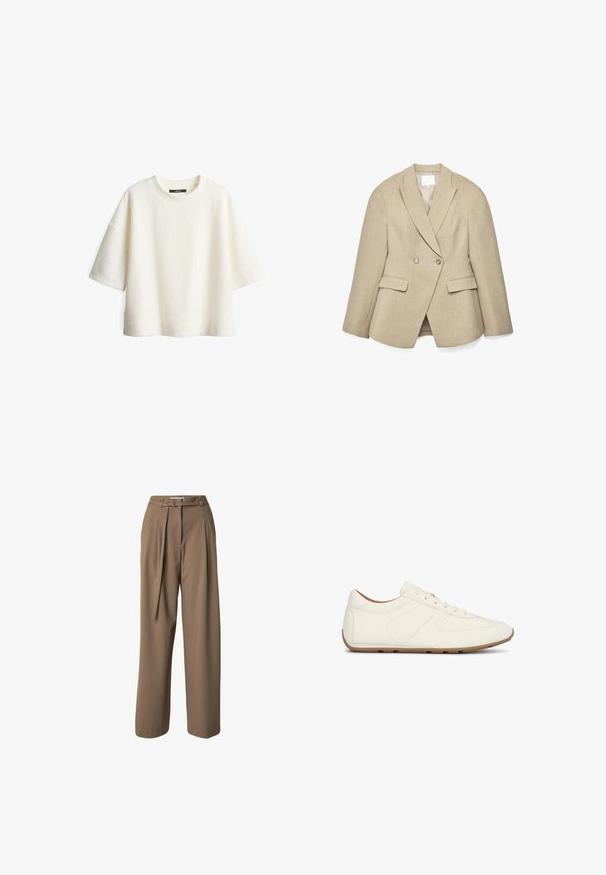 Beige dubbelgeknoopte blazer met een getailleerde pasvorm, puntige revers, twee voorkantzakken en subtiele, gestructureerde stof. De voering aan de binnenkant is licht van kleur.; Witte, gestructureerde gebreide trui met korte mouwen en een ronde halslijn. Heeft een losse pasvorm en een ribbelpatroon over de gehele trui.; Hoge taille, wijd uitlopende bruine broek met plooien, riemlussen en een bijpassende stoffen riem gestrikt aan de voorkant.; Off-white lage sneaker met veters, een bovenwerk van glad leer en een lichtbruine rubberen zool, zijaanzicht tegen een witte achtergrond.