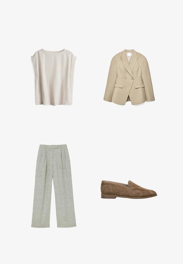 Beige dubbelgeknoopte blazer met een getailleerde pasvorm, puntige revers, twee voorkantzakken en subtiele, gestructureerde stof. De voering aan de binnenkant is licht van kleur.; Korte mouw licht beige top, gemaakt van zachte stof, met een wijd uitsnijdende halslijn en verlaagde schoudernaden, met een relaxte pasvorm en een minimalistisch design.; Grijze wollen broek met hoge taille, subtiel visgraatmotief, plooien aan de voorkant en riemlussen langs de tailleband.; Bruine suède instapsloffen met lage hak en afgeronde neus, zijaanzicht tegen een witte achtergrond.
