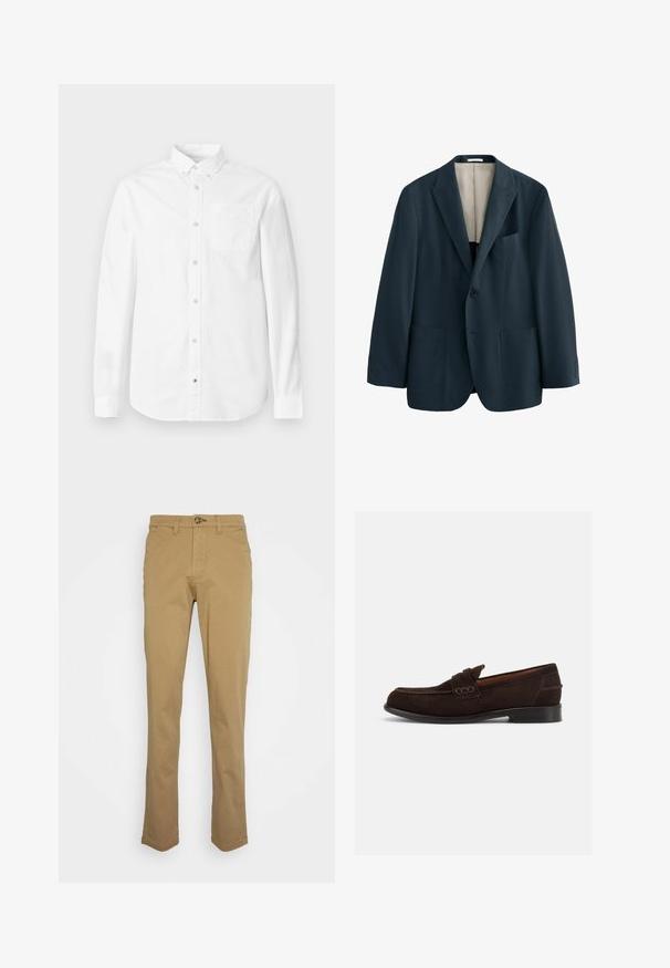 Donker marineblauw blazer met één knoop, met inkeping revers, twee lagere klepzakken, borstzak en een beige voering aan de binnenkant.; Witte blouse met lange mouwen van katoen. Voorzien van een button-down kraag, voorzak en subtiele textuur. Rechte zoom met knoopsluitingen.; Khaki chinos met een slim fit, gemaakt van een katoenmix. Voorzien van een knoopsluiting en standaard vijf-pocketontwerp. Soepele textuur.; Donkerbruine suède herenslipper met decoratieve stiksels en lage hak, vanaf de buitenkant getoond tegen een eenvoudige lichte achtergrond.