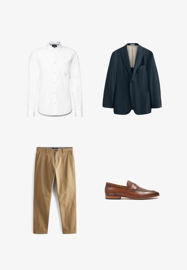 Donker marineblauw blazer met één knoop, met inkeping revers, twee lagere klepzakken, borstzak en een beige voering aan de binnenkant.; Witte blouse met lange mouwen van katoen, met een knoopsluiting kraag, een borstzak en een ronde zoom met geknoopte manchetten.; Next STRETCH - Broek - dark sand; Bruine leren loafers met een gestructureerde band, ronde neus en lage gestapelde hak. Gladde afwerking met subtiele stiksels.